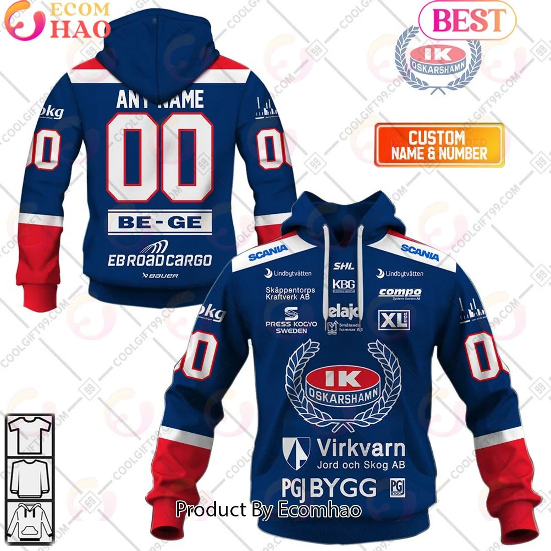 Custom Name And Number SHL IK Oskarshamn Home Jersey Style 3D Hoodie, Zip Hoodie, Man - Women, Warm, Premium Quality HZ0501