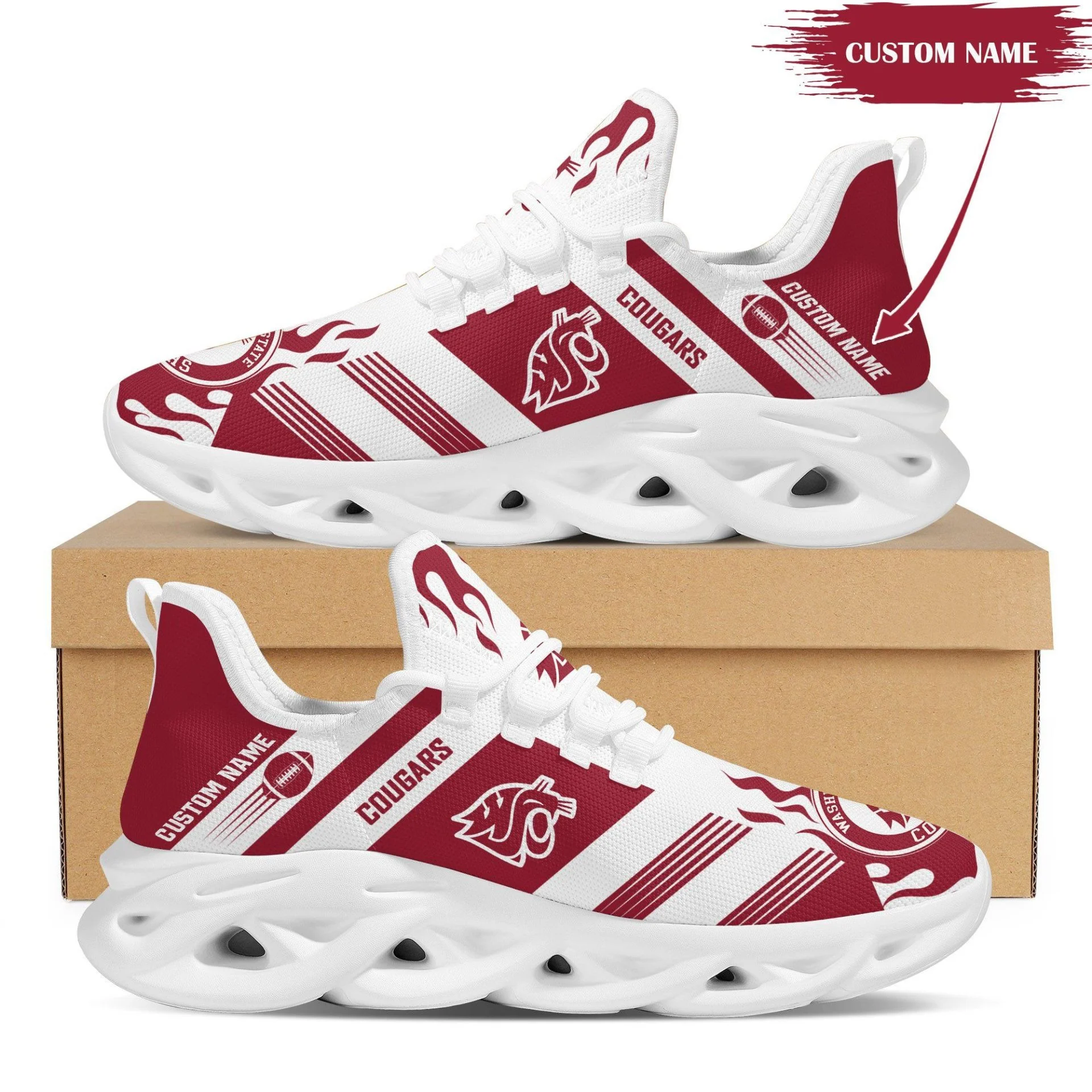 Washington State Cougars Custom Name Red White Max Soul Shoes Custom  MS0601