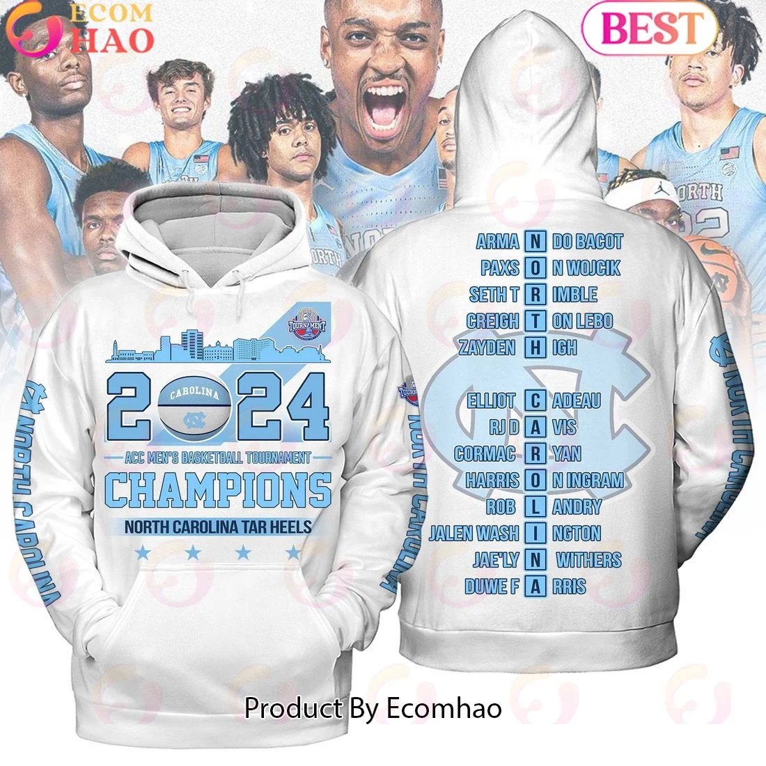 2024 ACC Men's Basketball Tournament Champions North Carolina Tar Heels White Hoodie, Zip Hoodie, Man - Women, Warm, Premium Quality HZ0501
