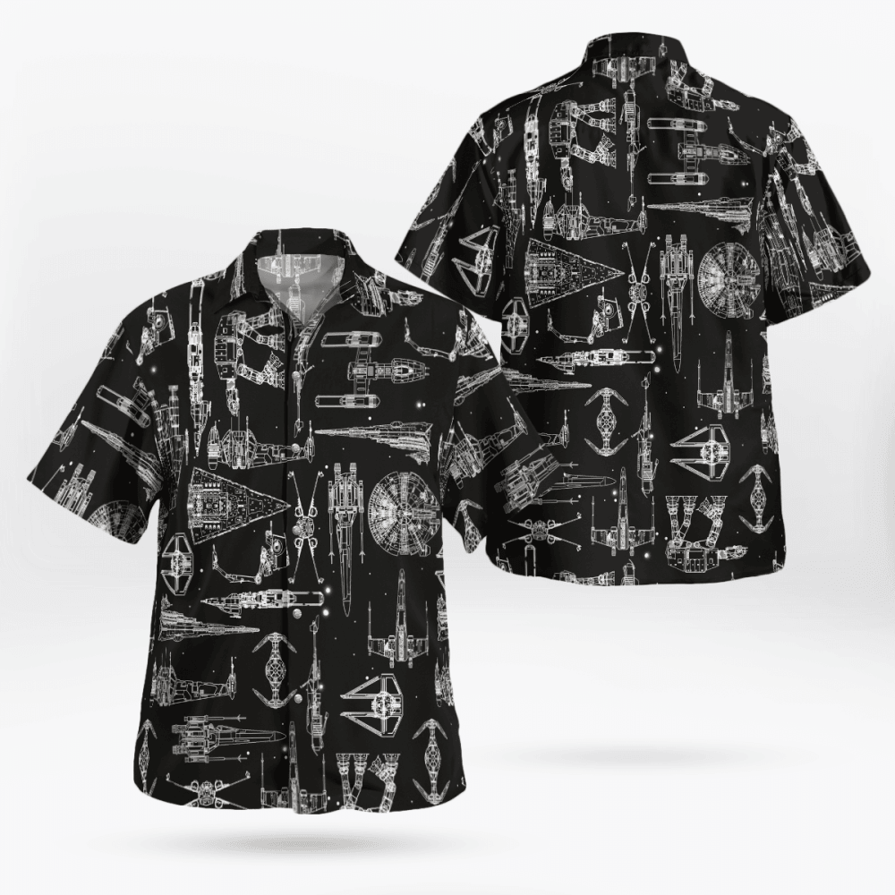 Space Ship Pattern Hawaiian Shirt Shorts Black Summer 2023 Hot HW0601