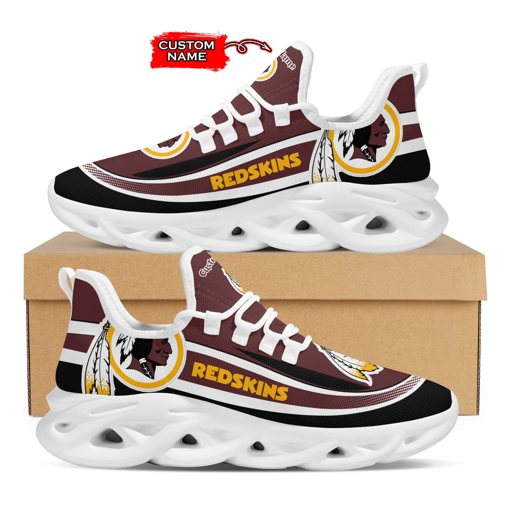 NFL Washington Redskins Custom Name Brown White Max Soul Shoes V2 Men and Women MS0601