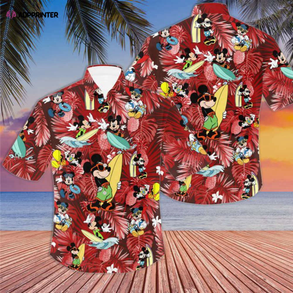 Mickey Mouse Surfing Red Patterns Summer Tropical Disney Hawaiian Shirt HW0601