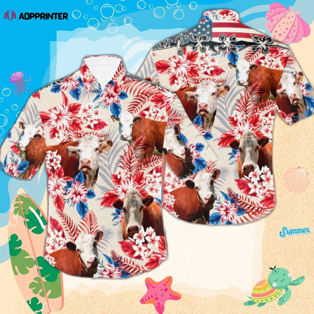 Hereford Cow American Flag Floral Tropical Hawaiian Shirt Summer Trending HW0601
