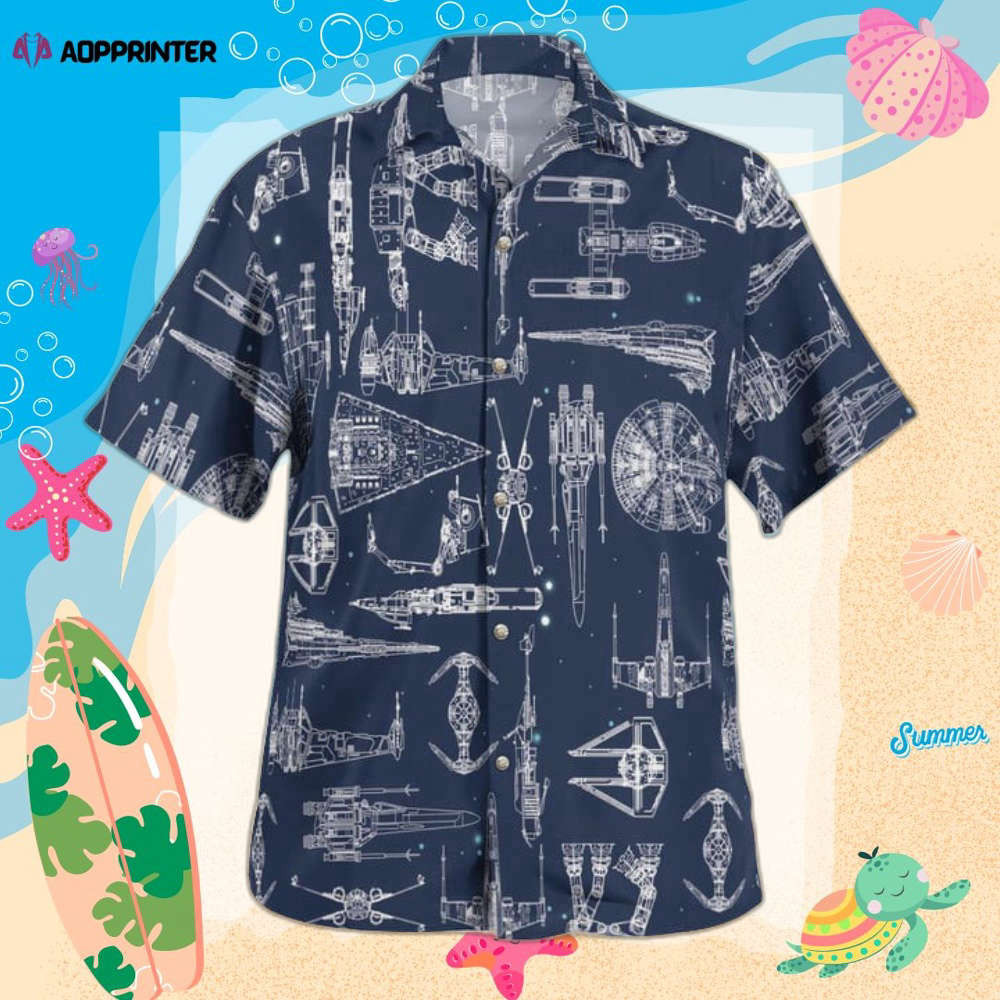 Space Ship Pattern Hawaiian Shirt Shorts Navy Summer 2023 Hot HW0601