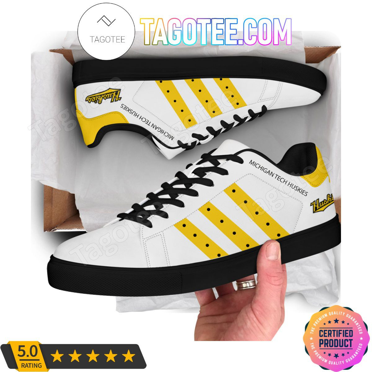 NCAA Michigan Tech Huskies White Yellow Stan Smith Shoes , Trendy Style Sneakers ST0801