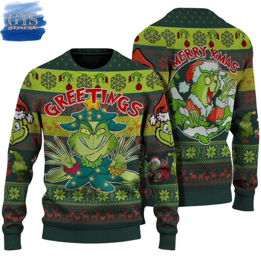 Greetings Green Monster Ugly Christmas Sweater , Cozy Soft Unisex Pullover SW0601