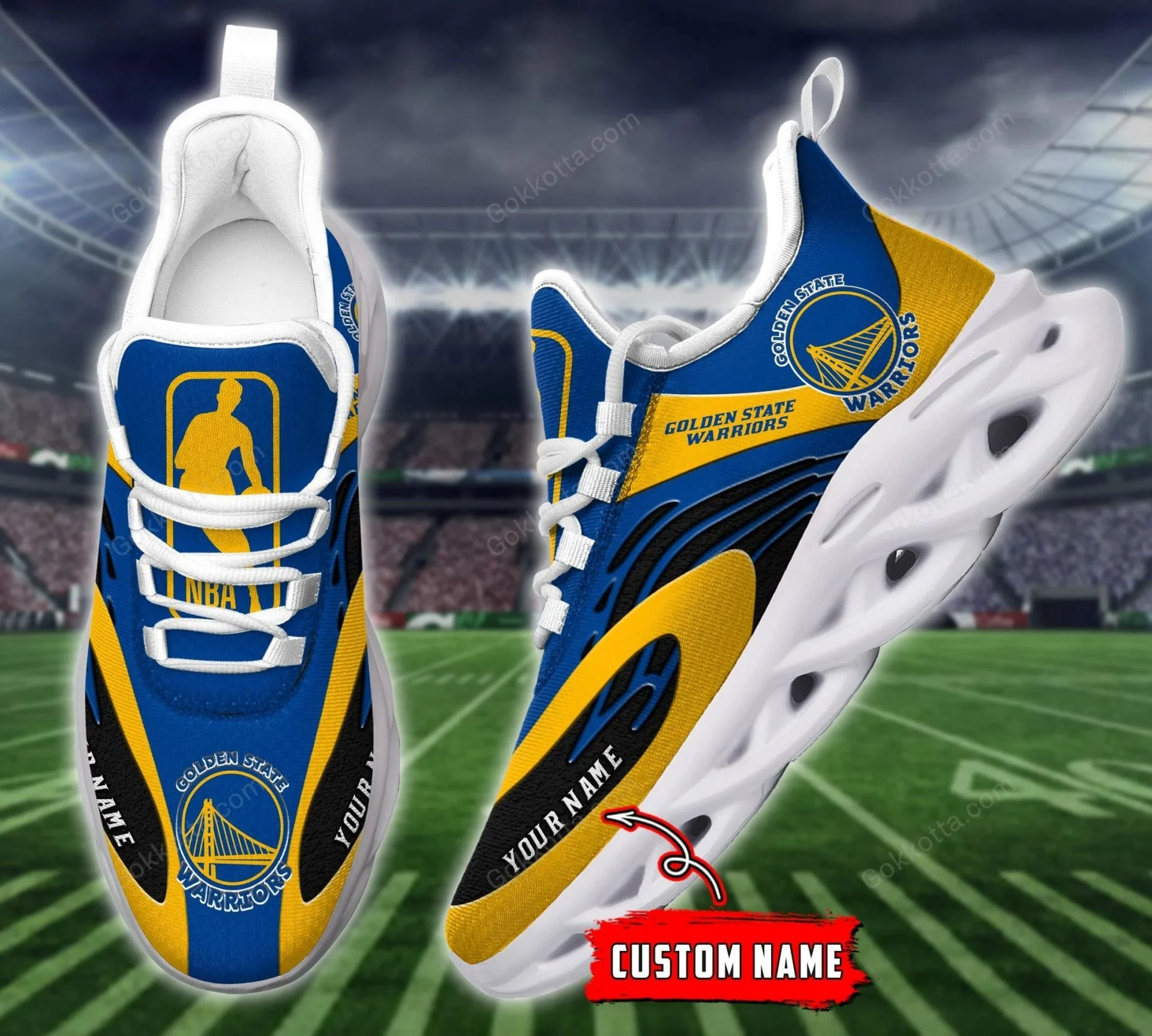 Custom NBA Golden State Warriors Custom Name Gold Blue Max Soul Shoes Unisex Women Men MS0601