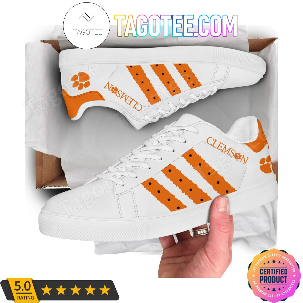 NCAA Clemson Tigers White Orange Stripes Stan Smith Shoes for Women and Men, Trendy Style Sneakers ST0801