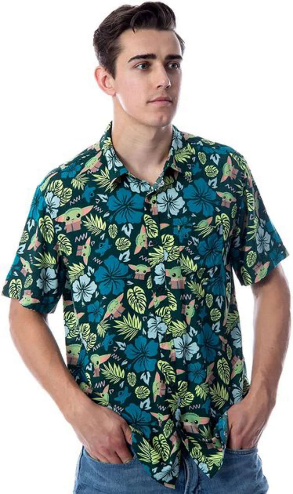 Star Wars Men's The Mandalorian Grogu Baby Yoda Leaves Hawaiian Shirt HW0601