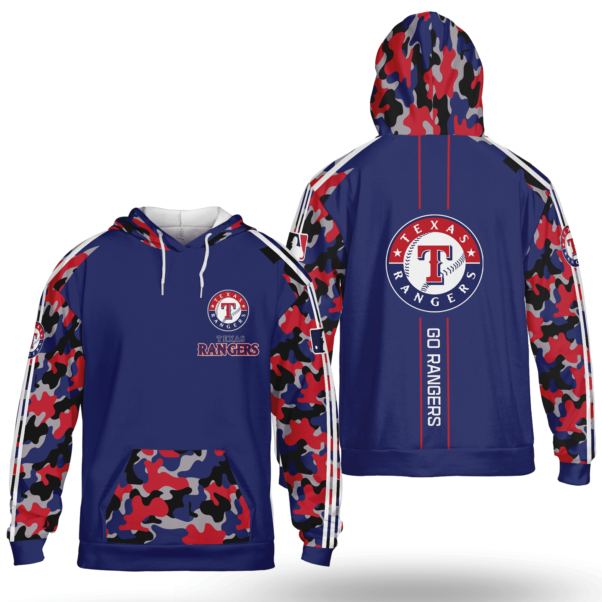 Texas Rangers Blue Red Camo Pullover Hoodie AOP Shirt – Stylish and Comfortable Fan Gear HZ0501