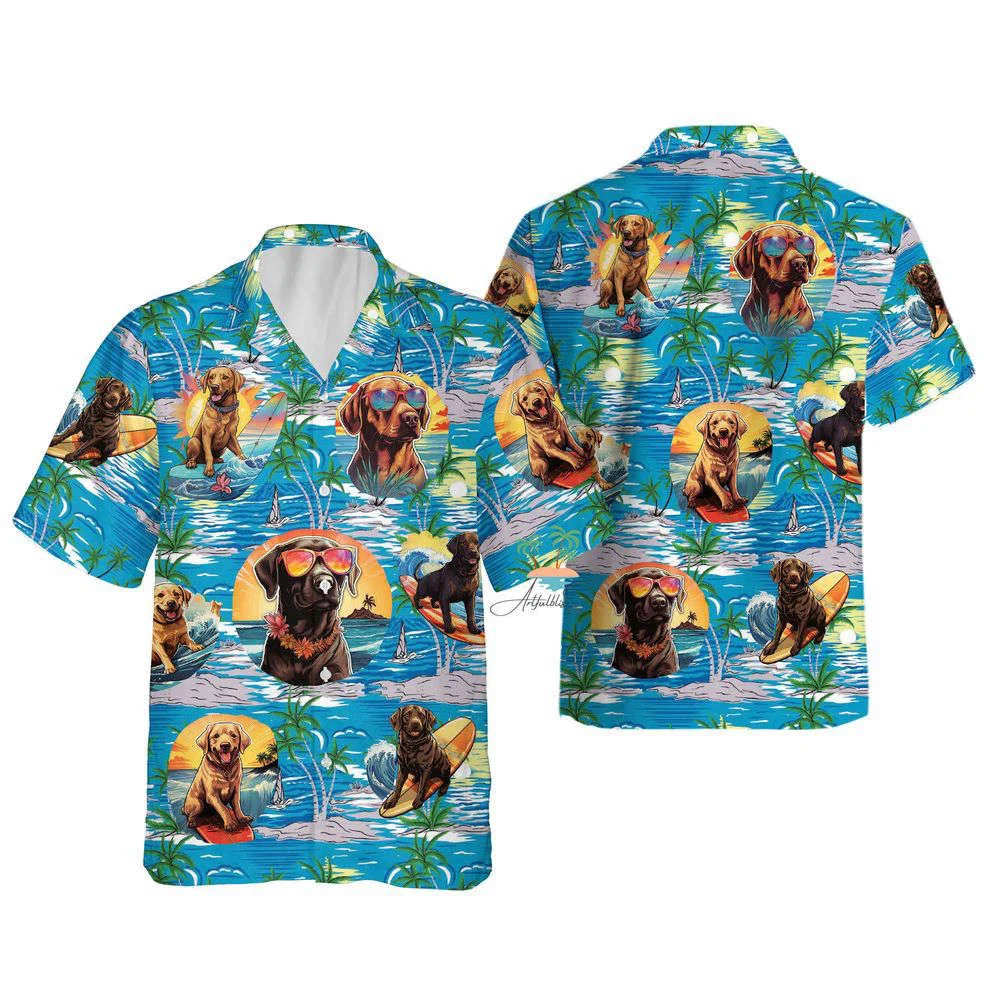 Funny Labrador Teal Hawaiian Shirt, Gift For Men And Women, Surfing Dog Aloha Button Up Shirts HW0601