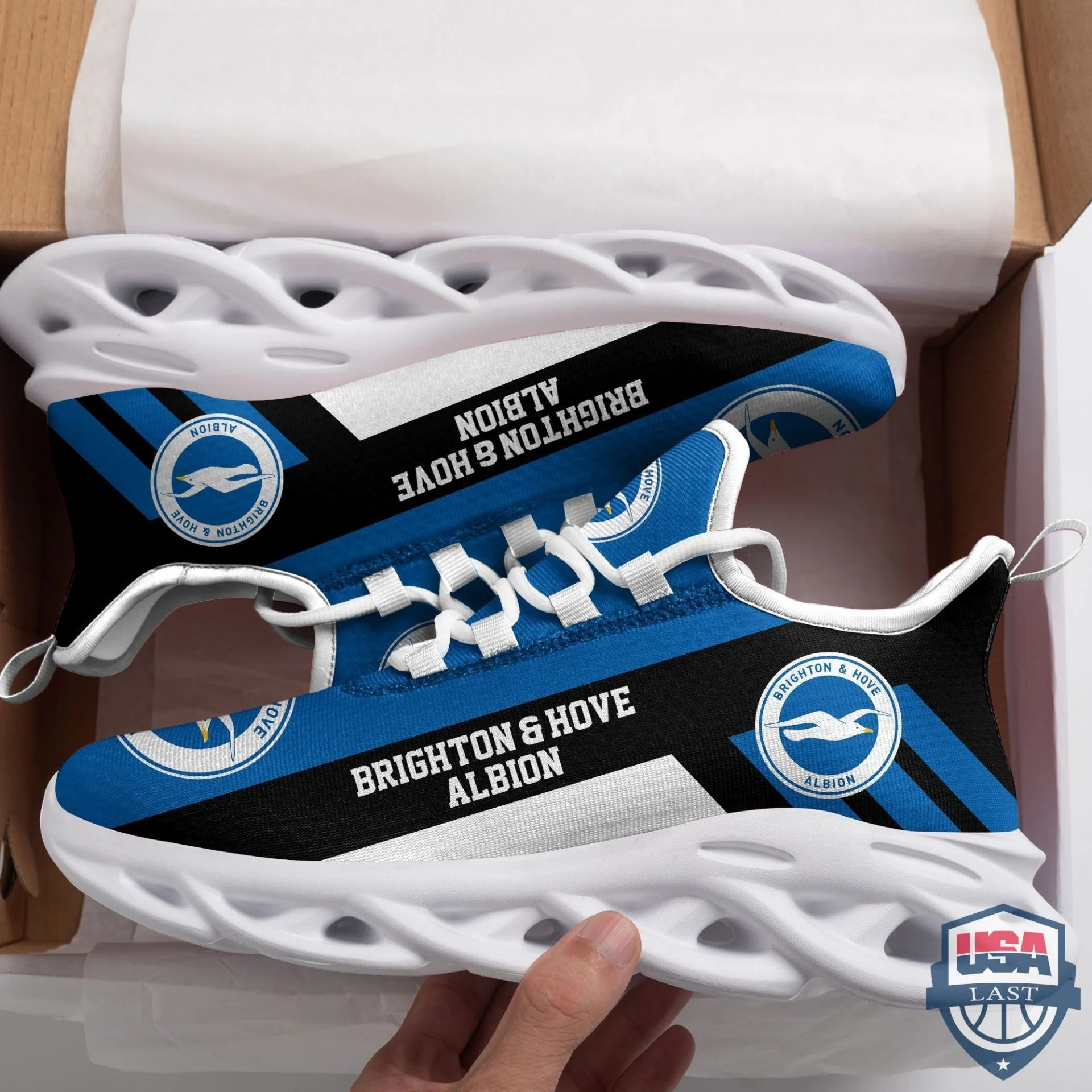 Custom Brighton Hove Albion FC Blue Black Max Soul Shoes for Men Women MS0601
