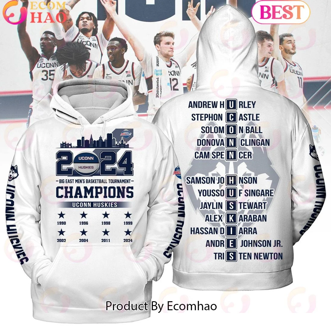 2024 Big East Men's Basketball Tournament Champions Uconn Huskies White Hoodie, Zip Hoodie, Man - Women, Warm, Premium Quality HZ0501