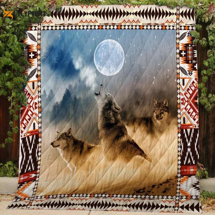 Three Wolves Howling At The Moon 3D Customized Quilt Blanket For Fans Home Decor Gift ,  Soft Quilt, King Size, All Season Cozy Quilt QB0901