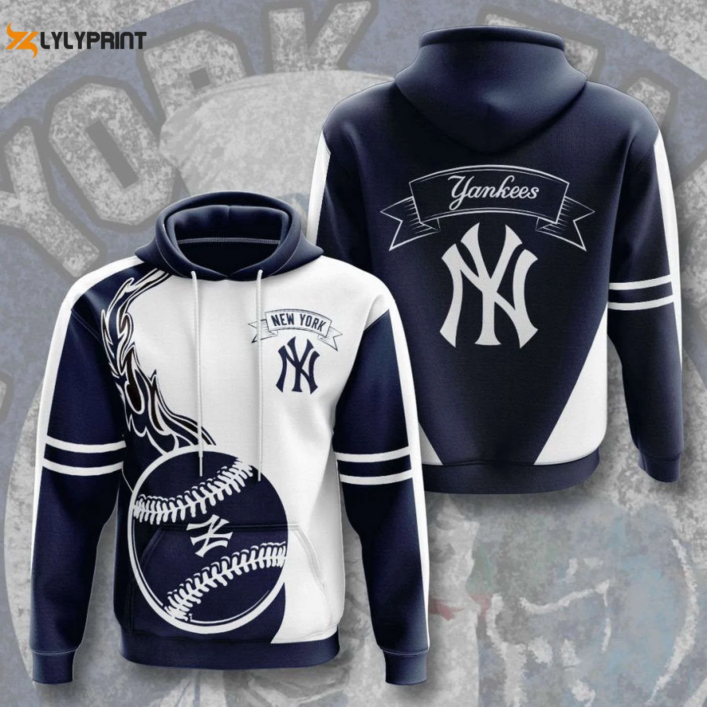New York Yankees Fire Ball Hoodie Shirt – Navy White AOP Pullover HZ0501
