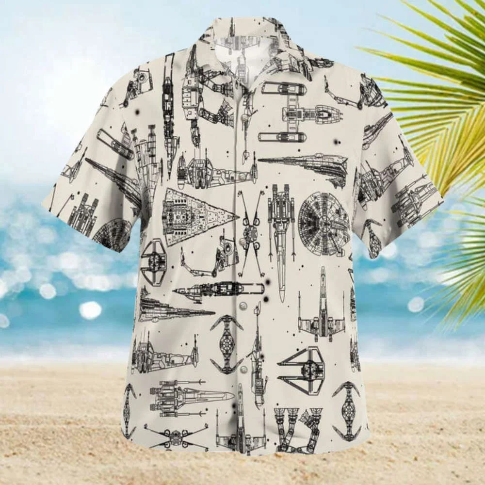 Space Ship Pattern Hawaiian Shirt Shorts White Summer 2023 Hot HW0601